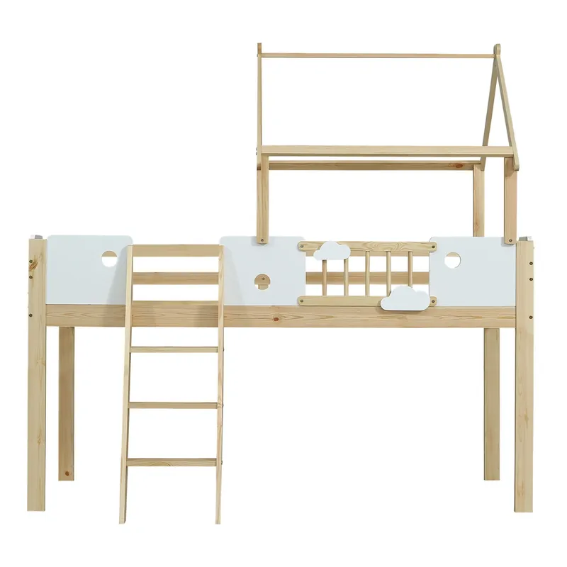 Cama alta 90x200cm - Con protección contra caídas, diseño de techo, escalera de 3 peldaños - Blanco + Natural