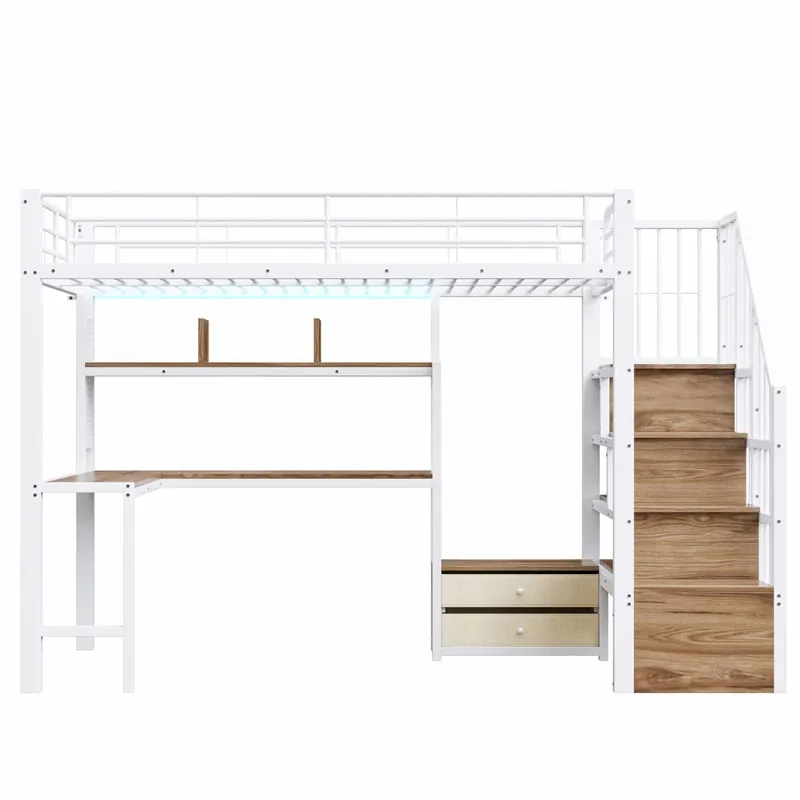Cama alta 90 x 200 cm - estructura de hierro, 2 cajones, rejilla para colgar objetos, tira LED, escritorio, escalera con almacenamiento, sin colchón - blanco