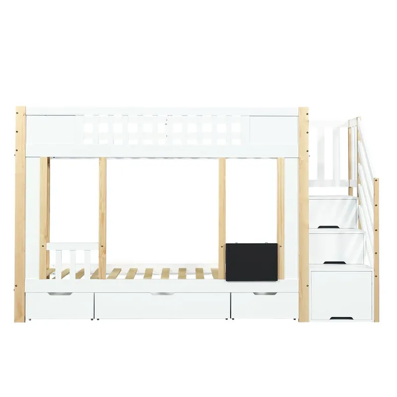 Cama alta 90x200 cm - Con armario escalera, tres cajones, pizarra, madera de pino - Blanco + Natural