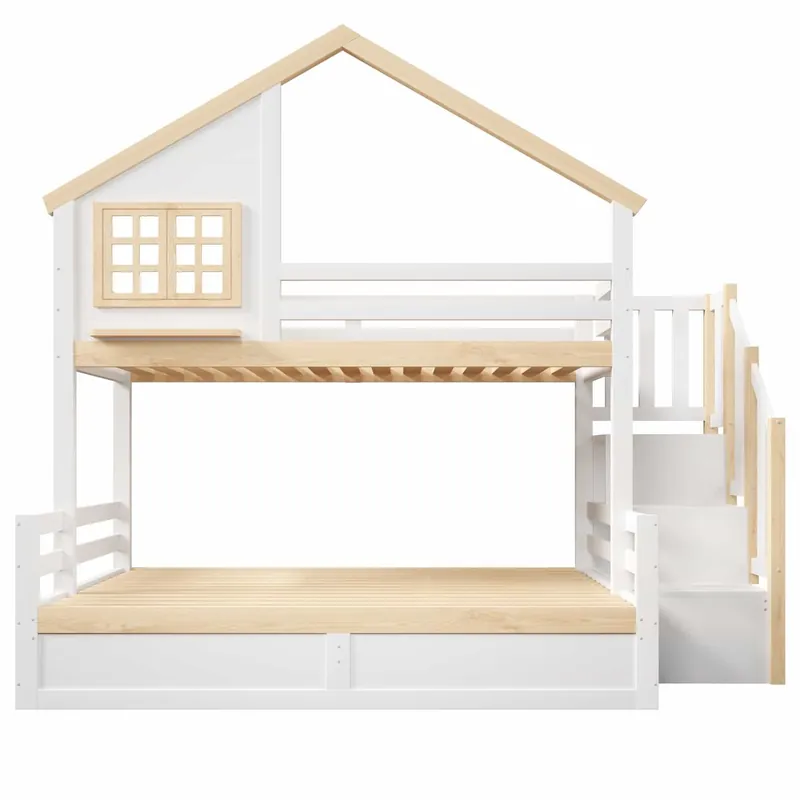 Cama alta 90x200 cm y 140x200 cm - Hidráulica, con barandilla, escalera con almacenamiento, decoración de ventana y casa - Blanco + Natural