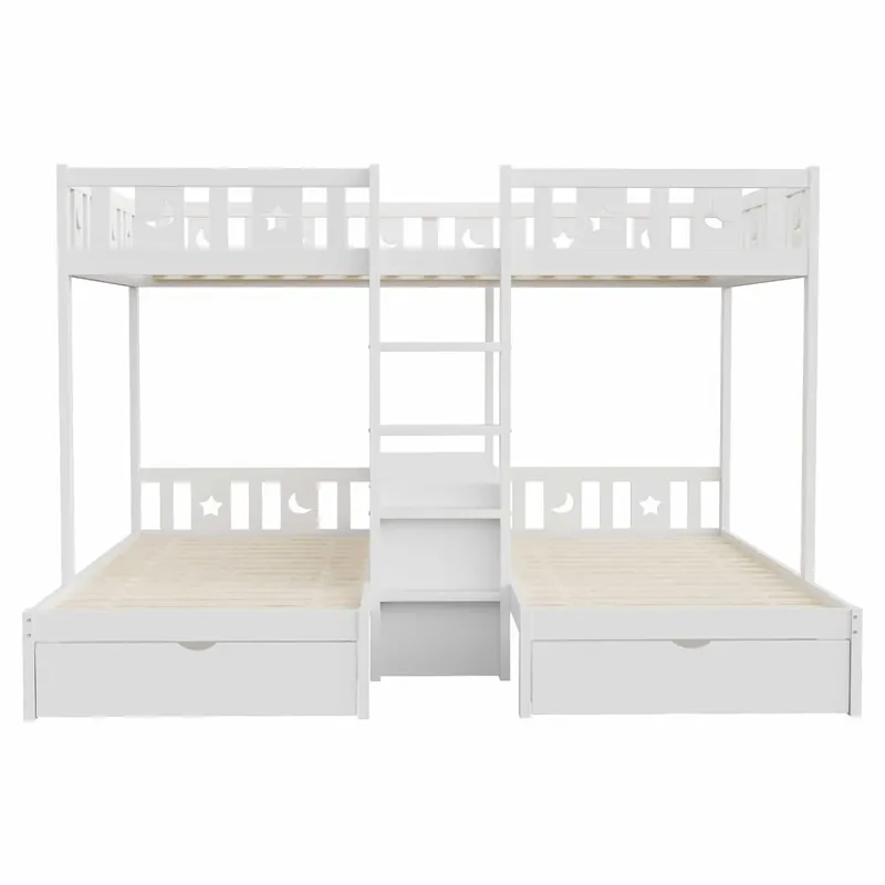 Cama alta + cama inferior 140x220/90x200 - con escalera, almacenamiento y dos cajones, barandilla de seguridad con diseño de estrellas y luna, marco de madera maciza - blanco