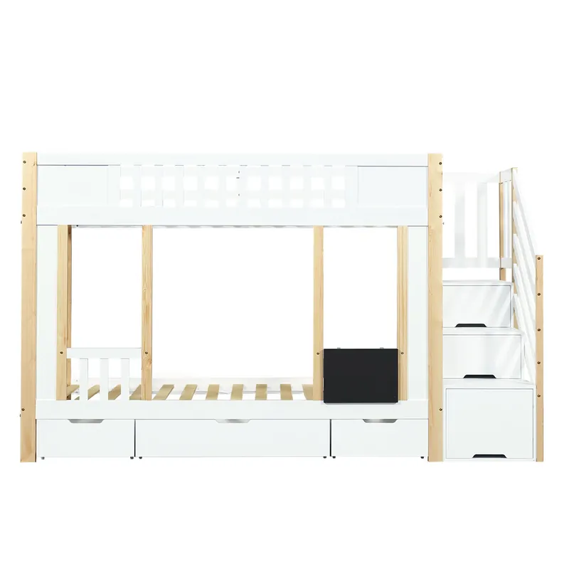 Cama alta 90x200 cm - Con armario escalera, tres cajones, pizarra, madera de pino - Blanco + Natural