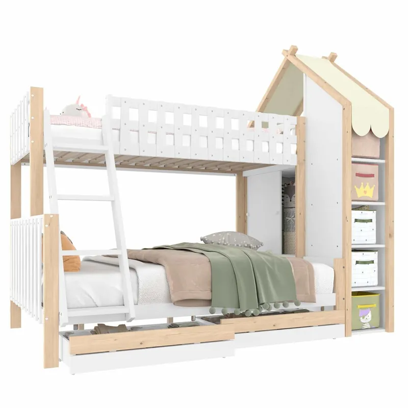 Cama alta 90x200 cm + 140x200 cm - Con barandillas, escalera, 2 cajones, valla irregular - Blanco + Natural