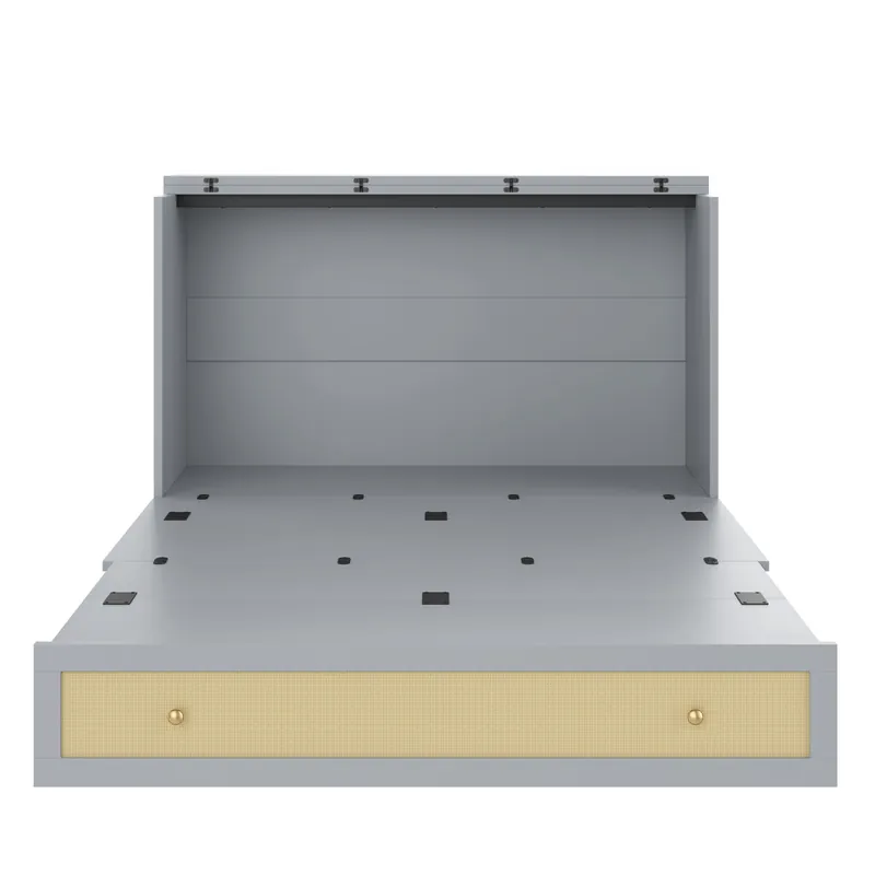 Cama abatible 140x200 cm - móvil, cajones al pie, estante en cabecera, USB y enchufe, cama plataforma convertible, sin colchón - blanco