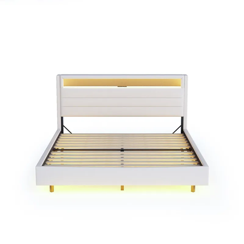 Cama acolchada de tejido de lino 160x200 cm - con toma USB y LED - cabecero reversible - Gris