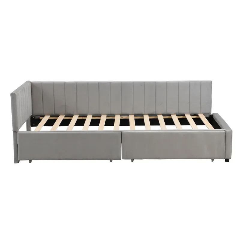 Sofá cama tapizado en terciopelo 90x200 cm - con 2 cajones grandes y somier de láminas - Gris