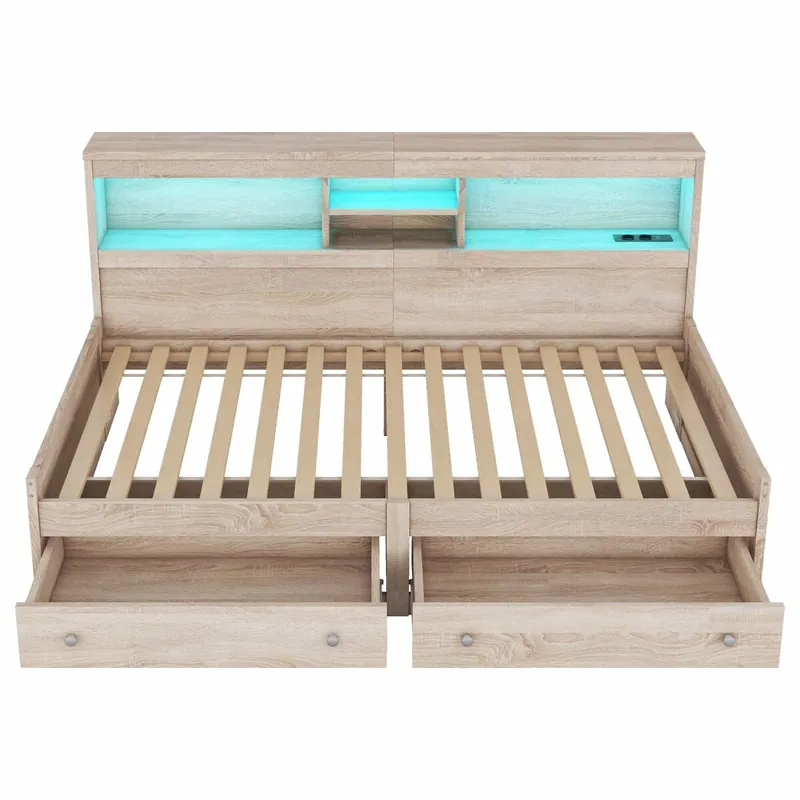 Sofá cama 90x200 cm - con toma USB y 2 cajones - somier de láminas - Natural