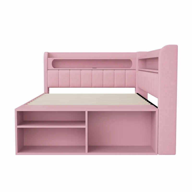 Sofá cama tapizado 90x200 cm - USB, iluminación LED, zapatero integrado, dos cajones - blanco