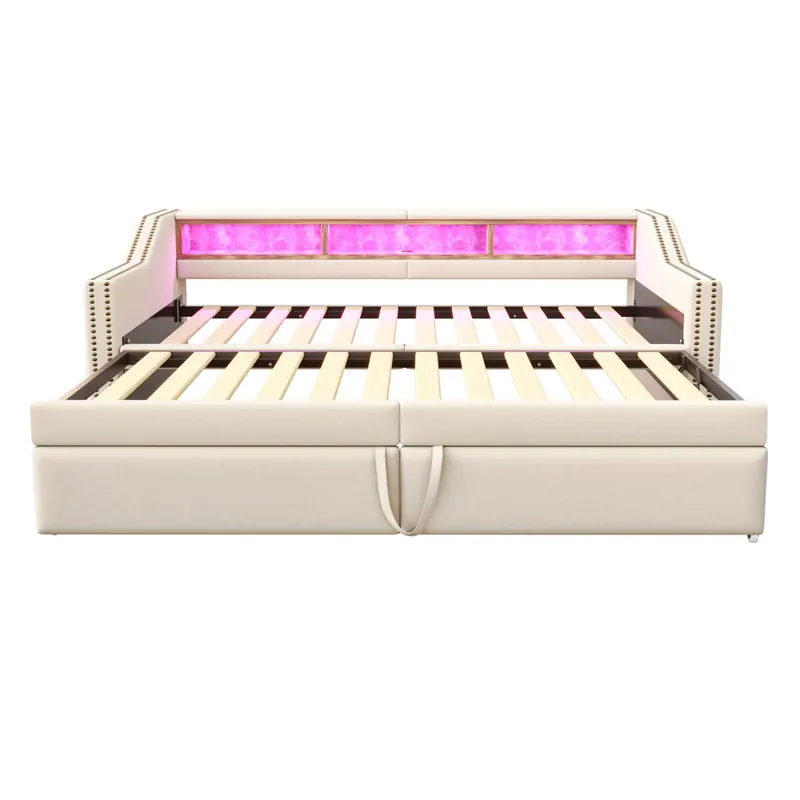 Sofá cama extensible 90/180 x 200 cm - Multifuncional con almacenamiento, luz LED y puerto USB, con somier, Beige