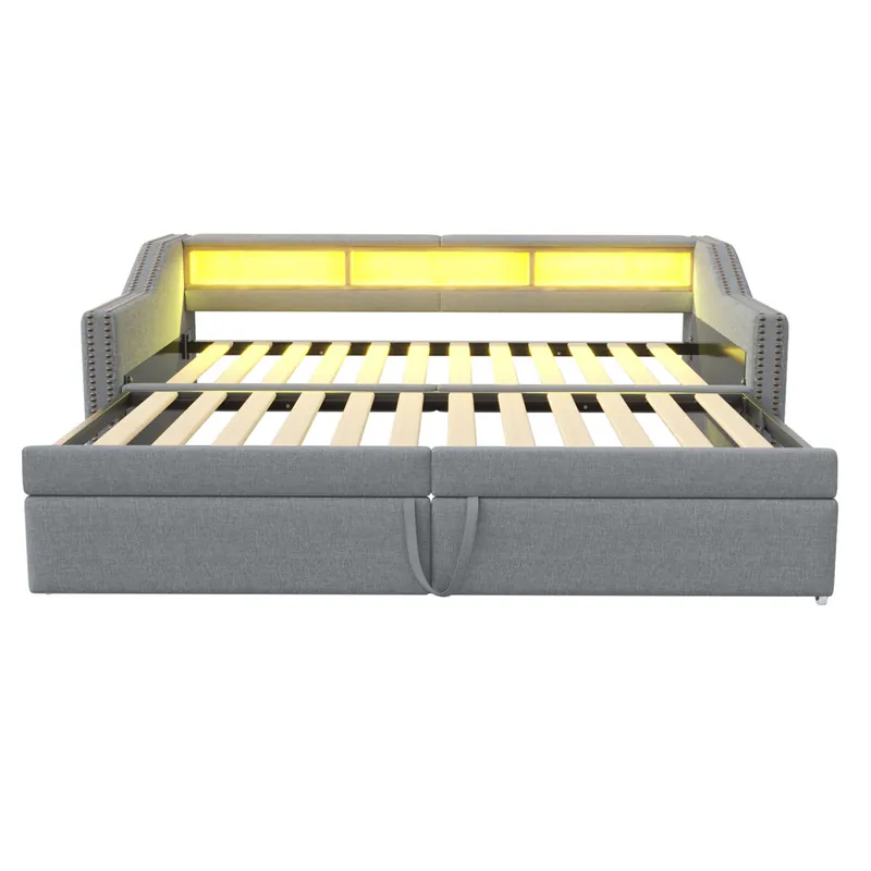 Sofá cama extensible 90/180 x 200 cm - Multifuncional con almacenamiento, luz LED y puerto USB, con somier, Beige