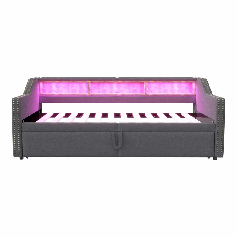 Sofá cama extensible 90/180 x 200 cm - Multifuncional con almacenamiento, luz LED y puerto USB, con somier, Beige