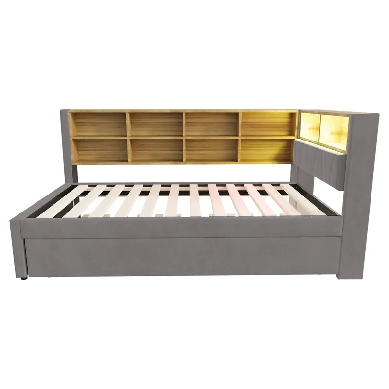 Sofá cama 90x200 - Cama extraíble 90x190, con luces LED, enchufes y compartimentos, Polsterbett multifuncional, cama individual, Flanela - Beige