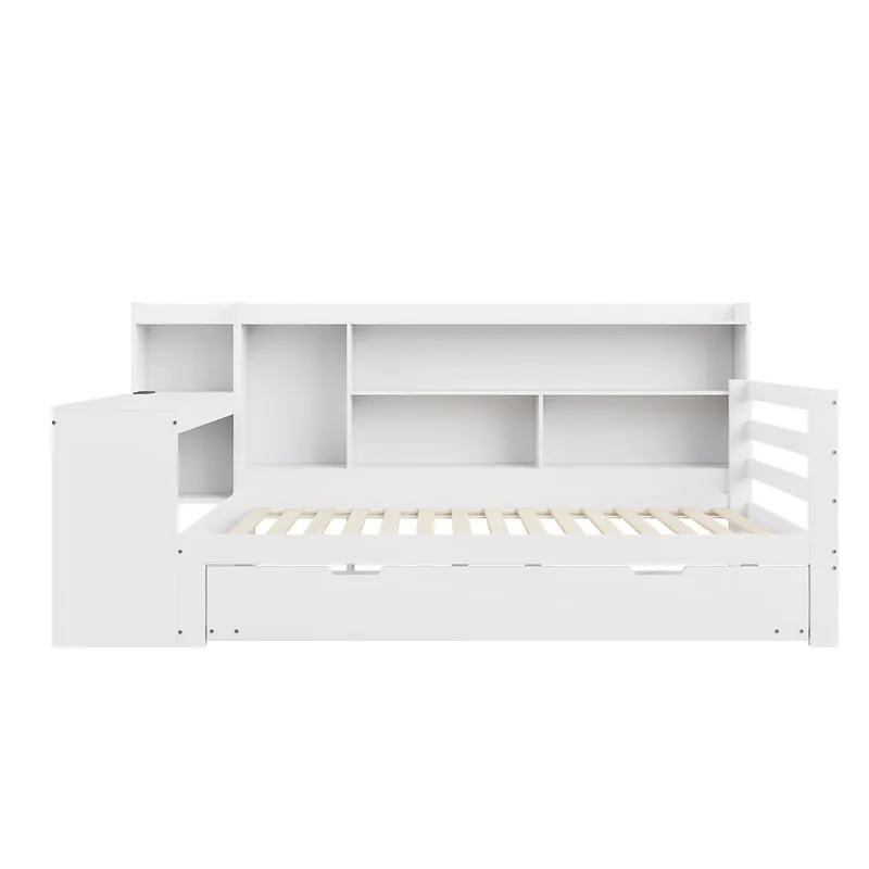 Sofá cama 90*200 cm - Con escritorio, estanterías, compartimentos, enchufe y cama extraíble - Blanco