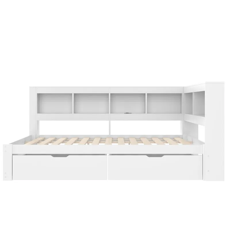 Sofá cama 140x200 cm - Con 2 cajones, enchufe y 2 puertos USB, con somier - Blanco