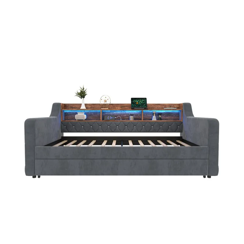 Sofá cama 90x190 cm - Con almacenamiento, LED, USB-C, 12 listones, estructura metal-madera - Beige
