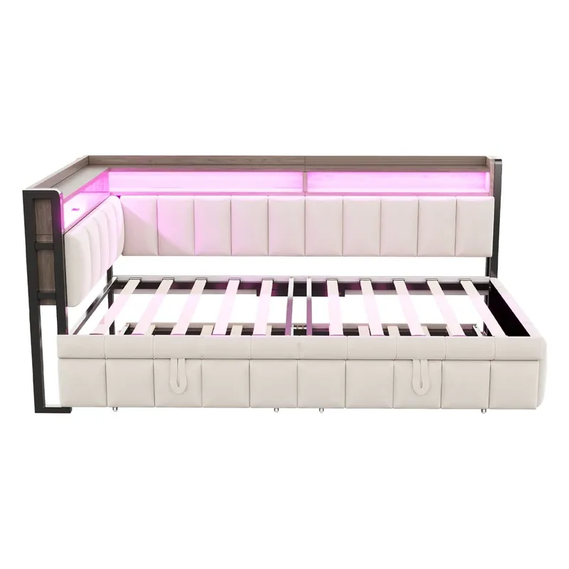 Sofá cama 90x200 cm - Cama extraíble, iluminación LED, puertos USB y Tipo-C, beige