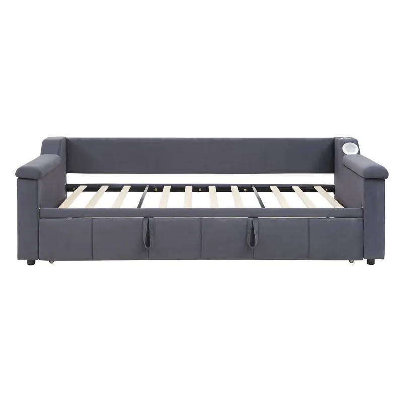 Sofá cama 90/180x190 cm - Reposabrazos anchos y gruesos, Con sistema de sonido Bluetooth inteligente, Con puerto USB, Con compartimentos de almacenamiento, Con somier, Tela de terciopelo - Beige