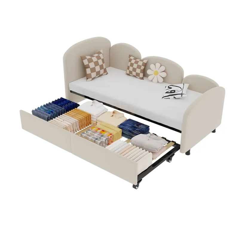 Sofá Cama Twin Size - Con Cajones de Almacenaje, Tapizado de Terciopelo - Beige