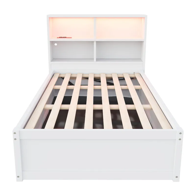 Sofá cama 90*200 - Con múltiple toma de corriente, varios compartimentos de almacenamiento, tira de luz, cama hidráulica, cama de madera maciza, cama individual, cama multifuncional de madera - Blanco