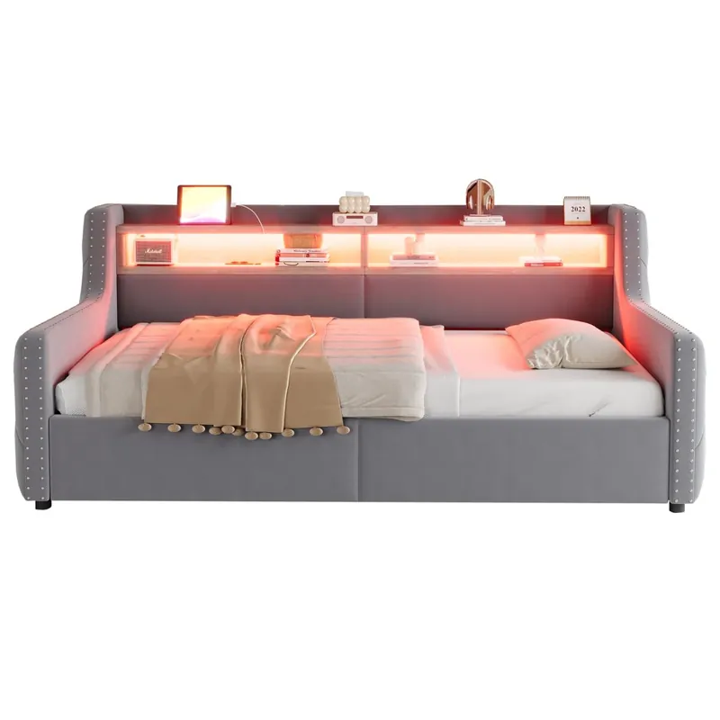 Sofá cama 90x200 cm - Con almacenamiento hidráulico, LED, enchufe y USB - Gris claro