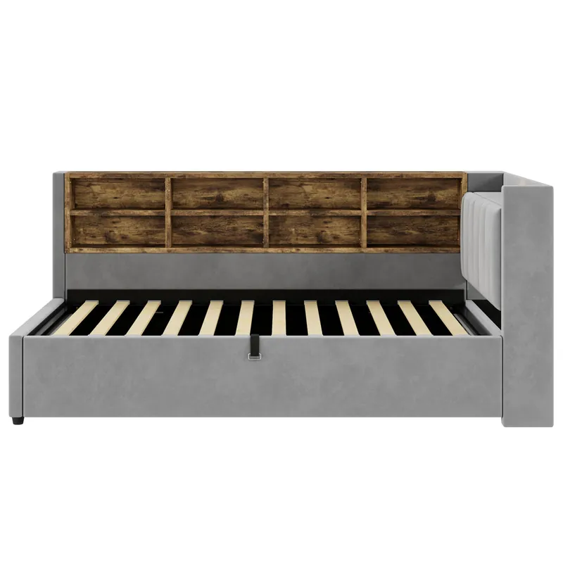 Sofá cama 90x200 cm - Con almacenamiento hidráulico, luz nocturna, puertos USB y Type-C, estantes y compartimentos, cabecero acolchado, cama multifuncional - Gris claro