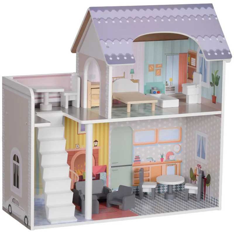 AIYAPLAY Casa de Muñecas con Muebles y Accesorios Casita de Muñecas de Madera con Balcón 2 Pisos Juguete para Niños y Niñas a Partir de 3 Años 60x26,6x60 cm Multicolor - Jardín