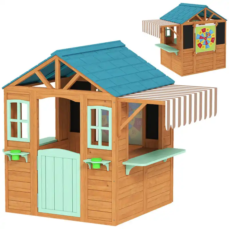 AIYAPLAY Casita Infantil Exterior e Interior de Madera, Casita Infantil con Barra de Snack, Maceteros, Pizarra, Ventanas, Tela para Tiro y 4 Pelotas, Casa de Jardín para Niños de 3-6 Años, Multicolor