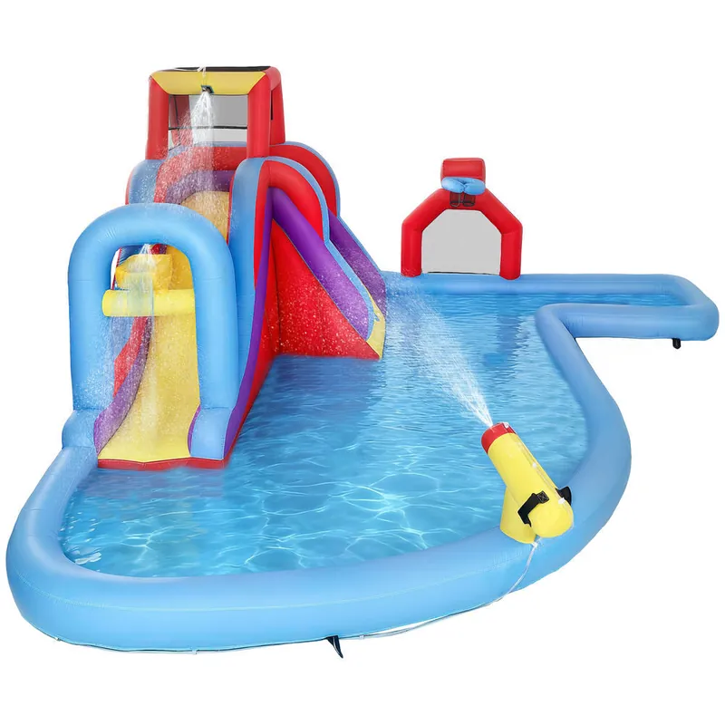 AIYAPLAY Castillo Hinchable Acuático con Soplador 550W 6 en 1 Castillo Hinchable para Niños con Tobogán Pared de Escalada Piscina Aro de Baloncesto Portería de Fútbol Exterior Interior 470x445x205 cm - Jardín