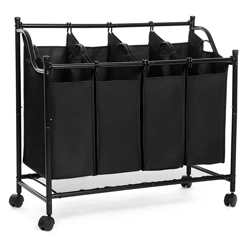 Cesto de ropa con 4 bolsas negras removibles sobre ruedas - L87,5 cm
