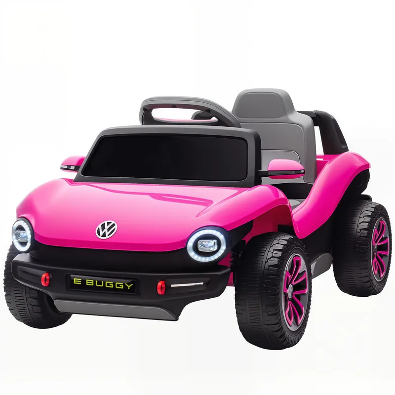 AIYAPLAY Coche Eléctrico para Niños de +3 Años, Volkswagen E-Buggy, Coche de Batería 12V, con Mando a Distancia 2,4 G, Ruedas con Suspensión, Faros LED, Música, USB, Motor Doble, Rosa
