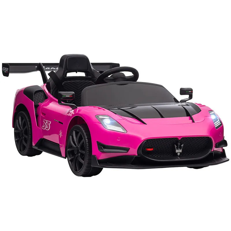 AIYAPLAY Coche Eléctrico para Niños de +3 Años Maserati GT2 Coche Eléctrico con Batería 12V con Mando a Distancia Faros LED Bocina Música y Ruedas Auxiliares 115x60x45 cm Rosa - Electrónica