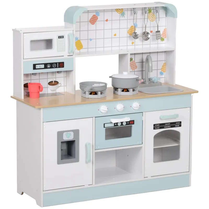 AIYAPLAY Cocina de Juguete para Niños +3 Años Cocina de Madera Infantil Cocinita Infantil con Sonido Fogón Grifo Fregadero Microondas Cafetera Máquina de Hielo y Accesorios de Cocina Blanco - Jardín