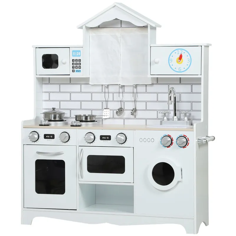 AIYAPLAY Cocina de Juguete de Madera con Sonido y Cortinas, Cocinita Infantil con Accesorios de Acero Inoxidable, Lavadora, Microondas, Fregadero, Juguetes para Niños a Partir de 3 Años, Blanco - Jardín