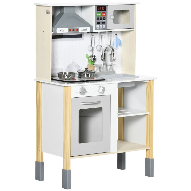 AIYAPLAY Cocina de Juguete de Madera para Niños de +3 Años Cocinita de Juguete con Altura Ajustable Luz Sonidos Fregadero Grifo con Agua Placa de Cocina y Horno 60x30,5x93,2 cm Blanco - Jardín