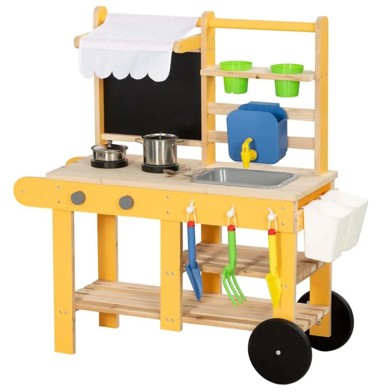 AIYAPLAY Cocina de Juguete Exterior con Ruedas, Cocinita Infantil de Madera con Agua Real, Fregadero, Estufas, Estantes, Macetas, Pizarra y 15 Accesorios, 84,2x34,4x90 cm, Amarillo - Jardín