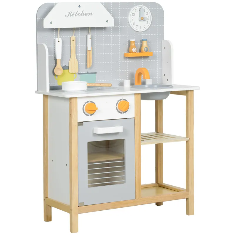 AIYAPLAY Cocina de Juguete para Niños +3 Años Cocinita Infantil Cocinita de Madera Infantil con Sonido Fogón Horno Grifo Fregadero y Accesorios de Cocina 57x26x82 cm Gris - Jardín