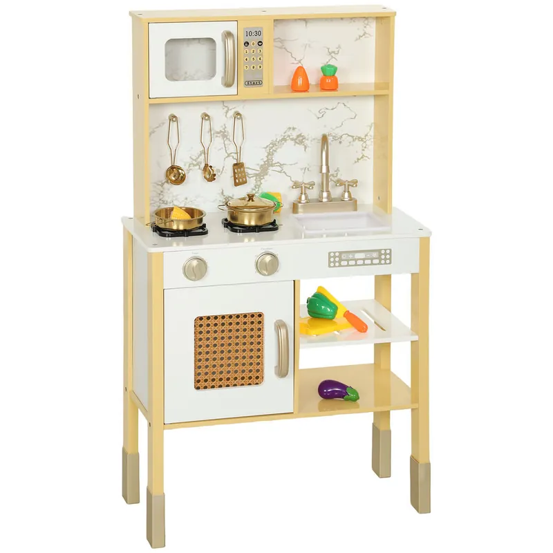 AIYAPLAY Cocina de Juguete de Madera con Sonido, Cocinita Infantil con Accesorios de Acero Inoxidable, Microondas, Horno, Fregadero, Verduras para Cortar, para Niños a Partir de 3 Años, Dorado - Jardín