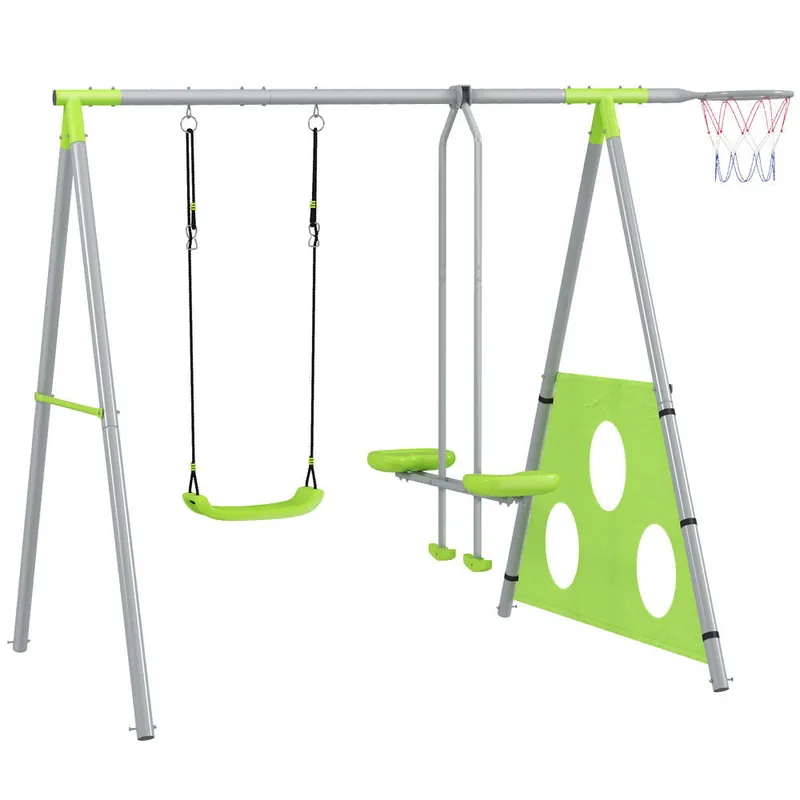AIYAPLAY Columpios para Niños de +3 Años 4 en 1 Columpios Jardín Exterior con Columpio Planeador Portería de Puntería y Aro de Baloncesto Verde
