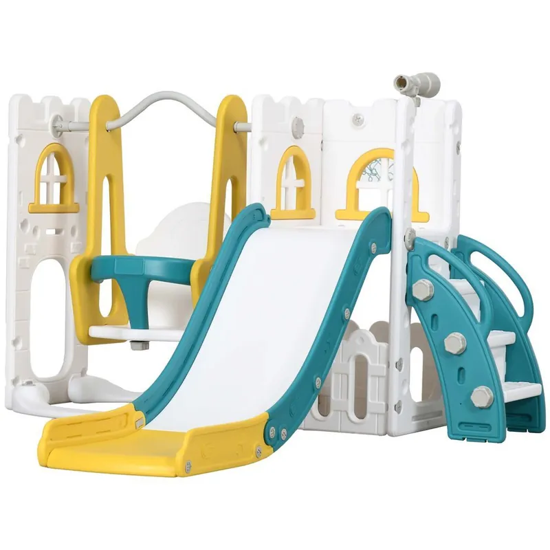 AIYAPLAY Tobogán Infantil 6 en 1 Parque Infantil con Columpio y Tobogán Telescopio Aro de Baloncesto Espacio de Almacenamiento para Interior Multicolor - Jardín