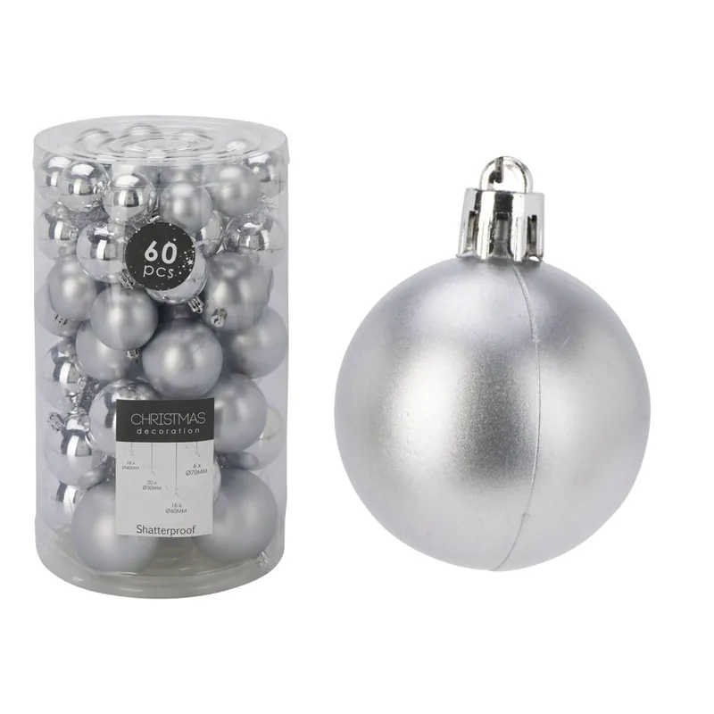 Well Home Conjunto de 60 Bolas de navidad en Color Plata en varias dimensiones y acabados - Decoración