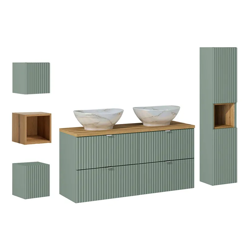 Conjunto de muebles con doble lavabo 120cm 4 cajones columna y 3 armarios de pared Jade Verde y Madera - Baño