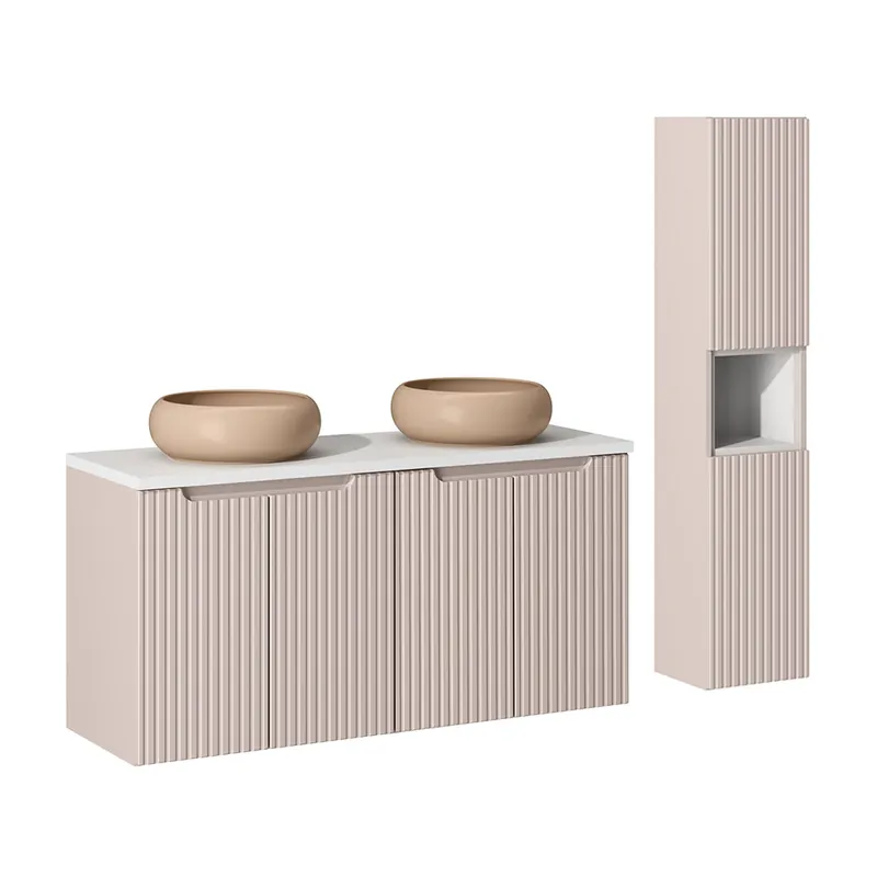 Conjunto de muebles con doble lavabo 120cm 4 puertas y columna Riva Cachemira y Blanco - Baño
