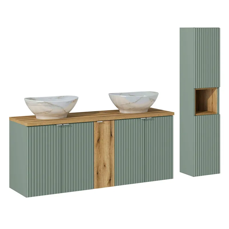 Conjunto de muebles con doble lavabo 140 cm 5 puertas y columna Jade Verde y Madera - Baño