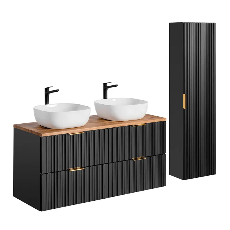 Conjunto de muebles con doble lavabo 120cm y columna Adriel Negro y Madera - Baño