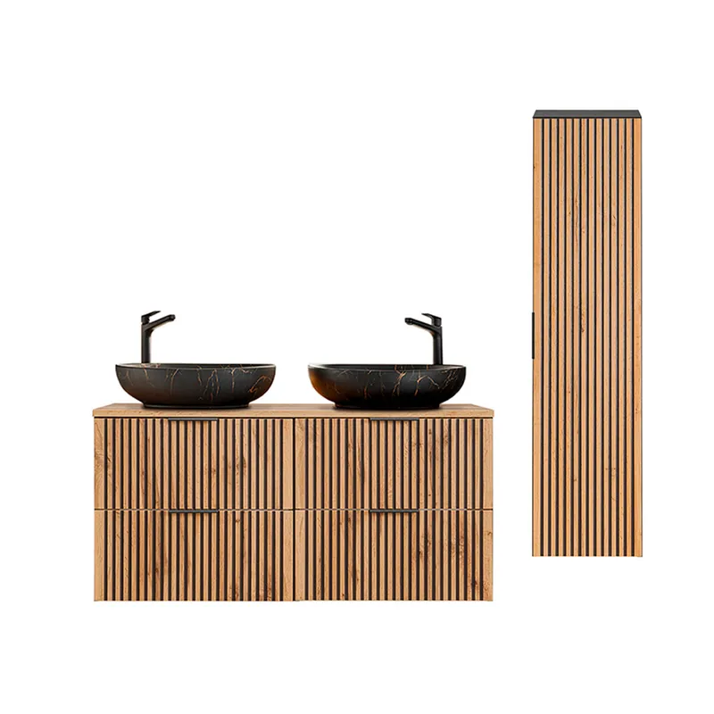 Conjunto de muebles con doble lavabo 120cm y columna Gaia Madera y Negro - Lavabo Negro