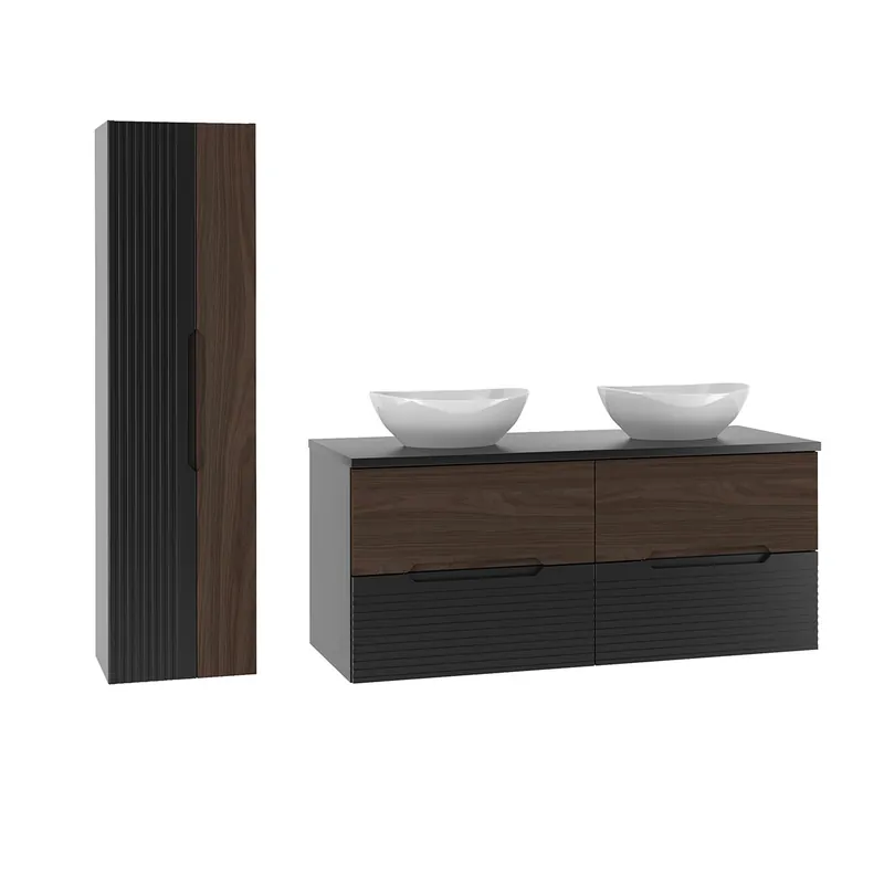 Conjunto de muebles con doble lavabo 120cm y columna Sylla Negro y madera - Baño