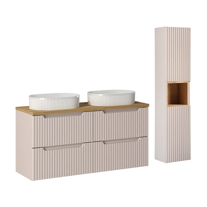 Conjunto de muebles con doble lavabo 120cm 4 cajones y columna Riva Cachemira y Madera - Baño