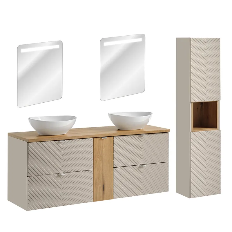 Conjunto de muebles con doble lavabo 140cm 4 cajones 1 puerta espejos LED y columna Manoa Cachemira y madera - Baño