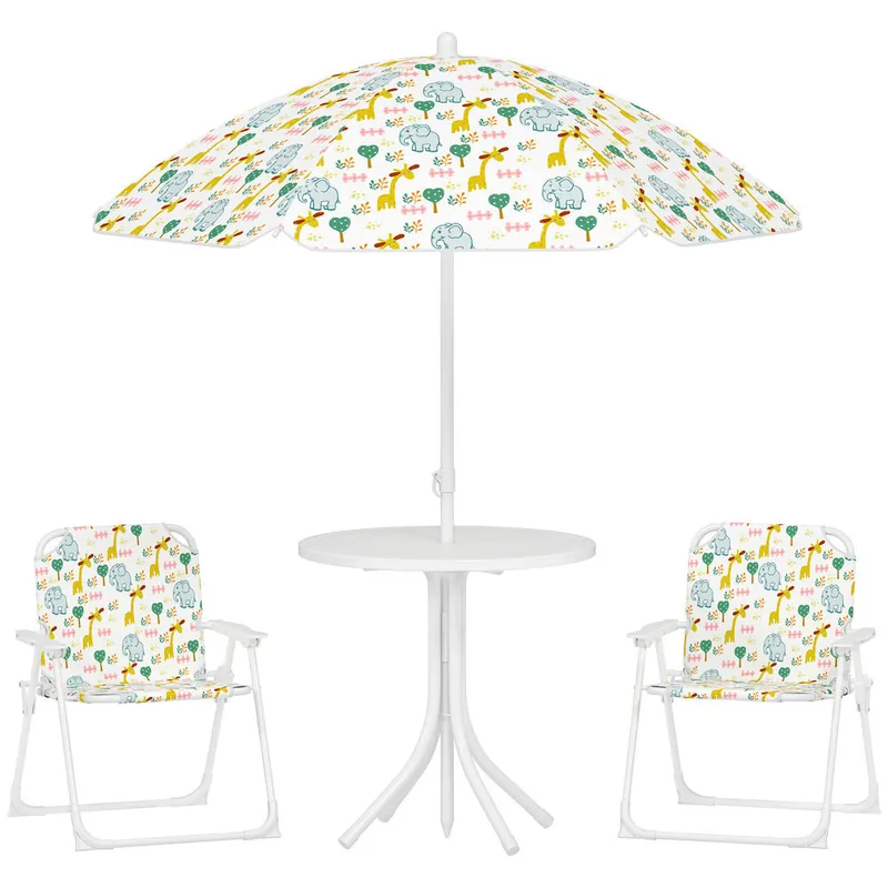 AIYAPLAY Conjunto de Mesa y Sillas Infantil de Jardín de 4 Piezas, Mesa Infantil con Sillas Plegables, Sombrilla Ajustable, Diseño de Elefantes y Jirafas, para Patio, Pícnic, Blanco