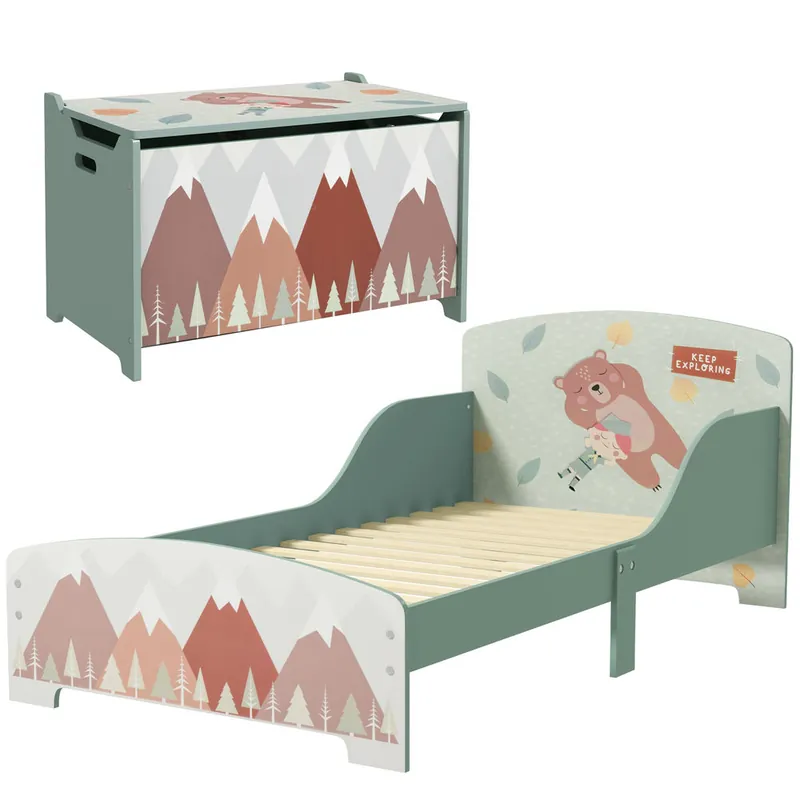 ZONEKIZ Conjunto para Niños Incluye 1 Cama Infantil de Madera Carga Máx. 40 kg 143x77x60 cm y 1 Baúl de Almacenamiento 60x37x39 cm con Estampados Verde - Bebé